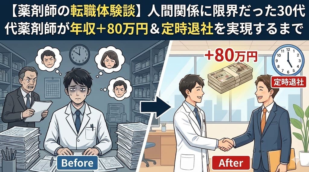 【薬剤師の転職体験談】人間関係に限界だった30代薬剤師が年収+80万円&定時退社を実現するまでのキャリアノウハウ記事サムネイル画像